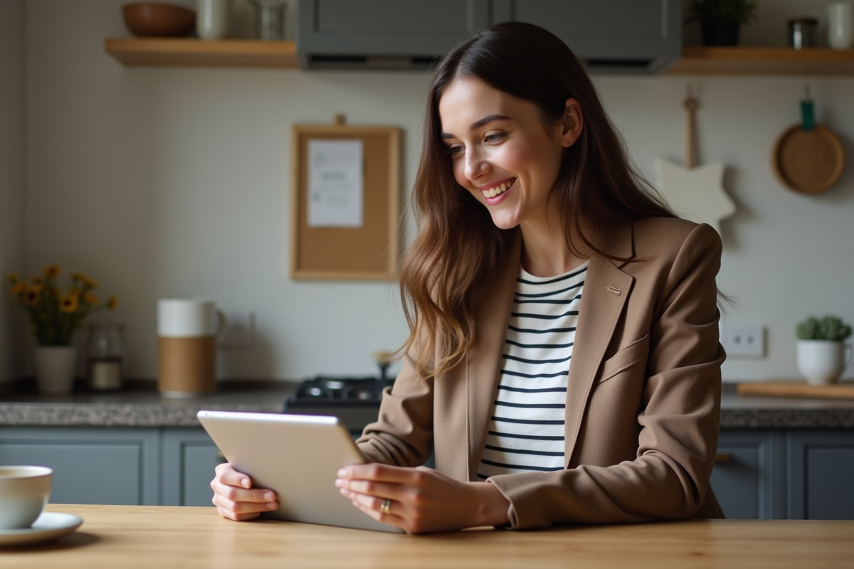 Jeune femme travaillant sur une tablette à la maison