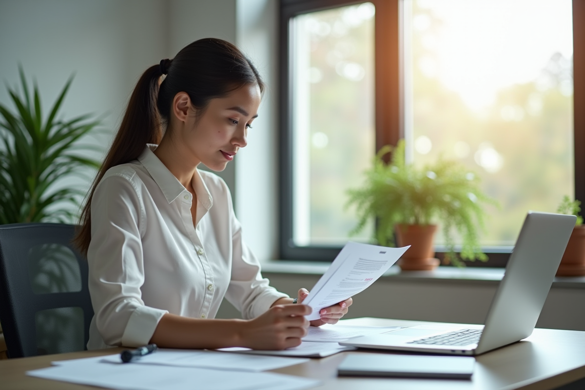 Jeune femme professionnelle travaillant sur son ordinateur dans un bureau lumineux