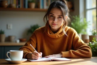Jeune femme écrivant des verbes espagnols dans un carnet à la maison