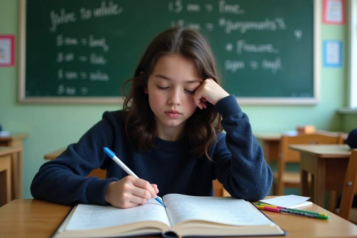 Jeune fille en classe qui conjugue des verbes français