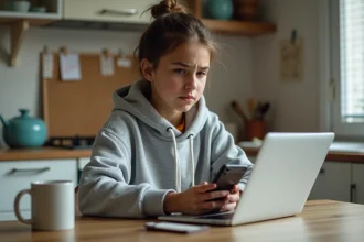 Jeune fille de 16 ans en cuisine avec smartphone et laptop