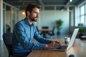 Jeune homme concentré devant son ordinateur au bureau