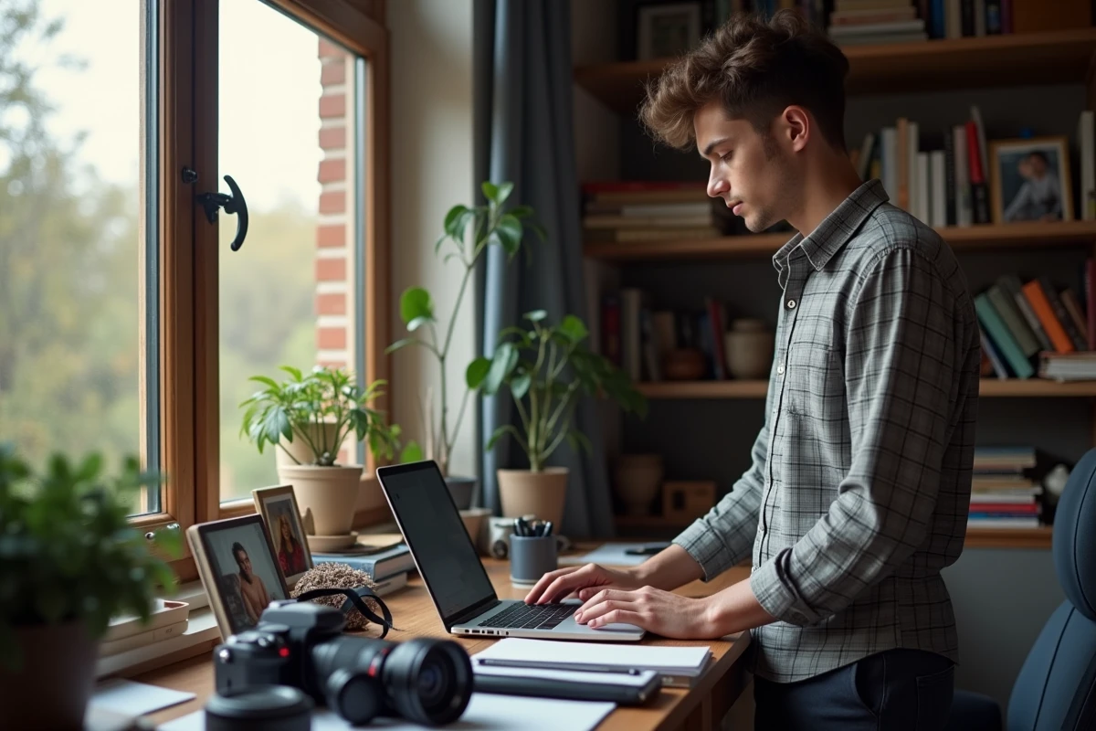 Jeune homme travaillant avec un ordinateur et appareil photo à la maison