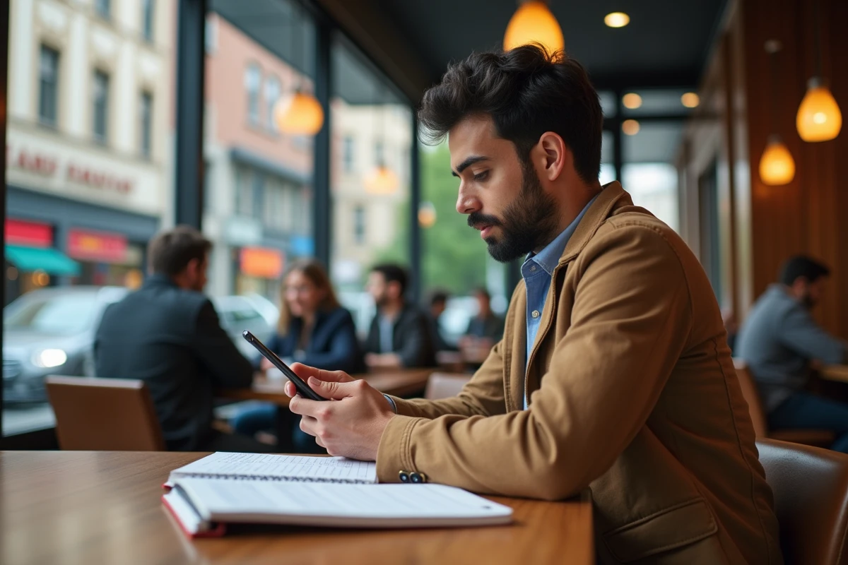 Jeune homme au cafe utilisant son smartphone et son carnet
