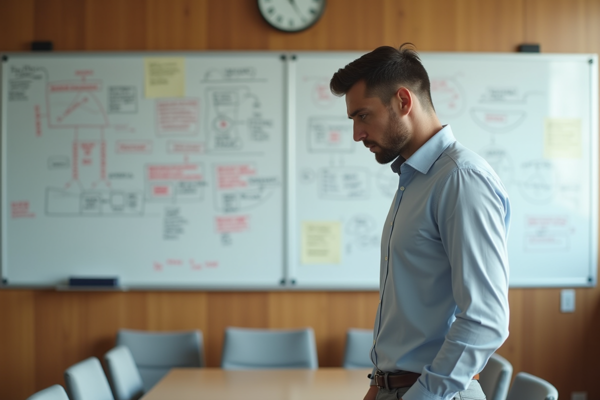 Jeune homme contemplant un tableau de coaching