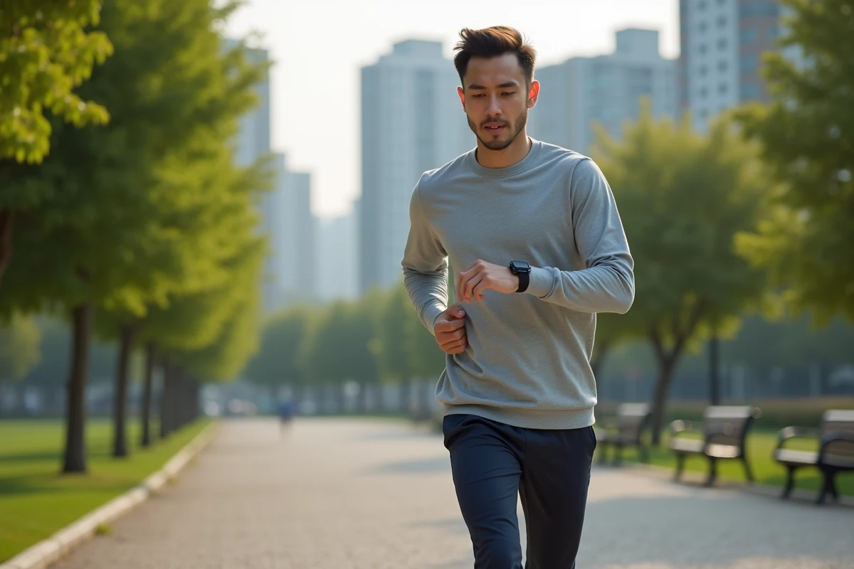 Jeune homme courant dans un parc urbain au matin