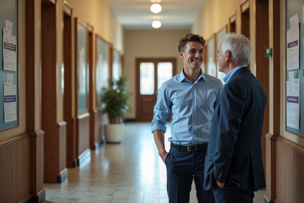 Jeune homme discutant avec un mentor dans un couloir universitaire français