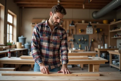 Jeune homme en atelier mesure une planche en bois