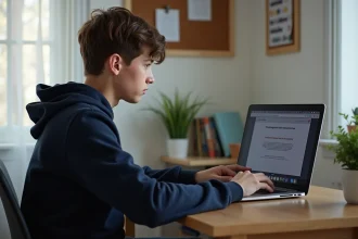 Jeune homme regardant un ordinateur avec erreur en français