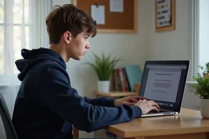 Jeune homme regardant un ordinateur avec erreur en fran&ccedil;ais