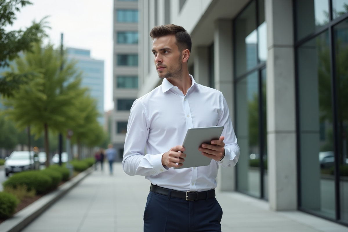 Jeune homme pratiquant son pitch devant un bâtiment moderne