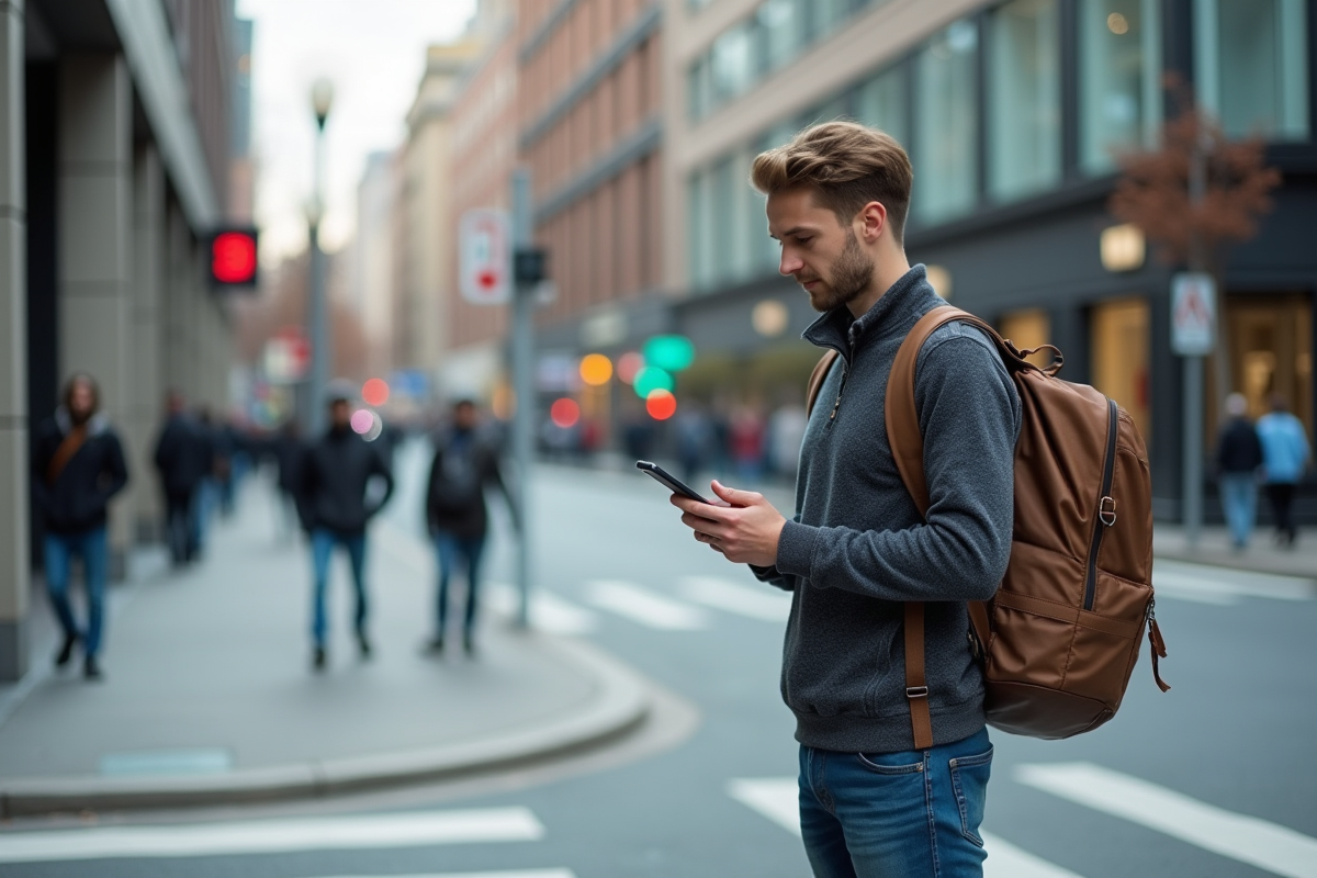 Jeune homme utilisant une application de carte en ville