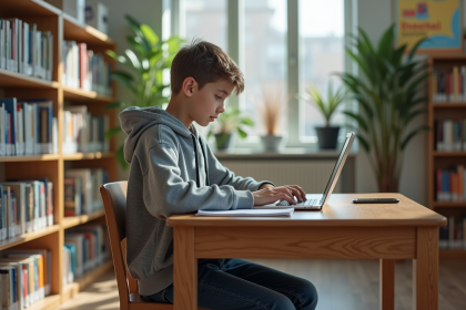 Jeune gar&ccedil;on &eacute;tudiant dans une biblioth&egrave;que lumineuse