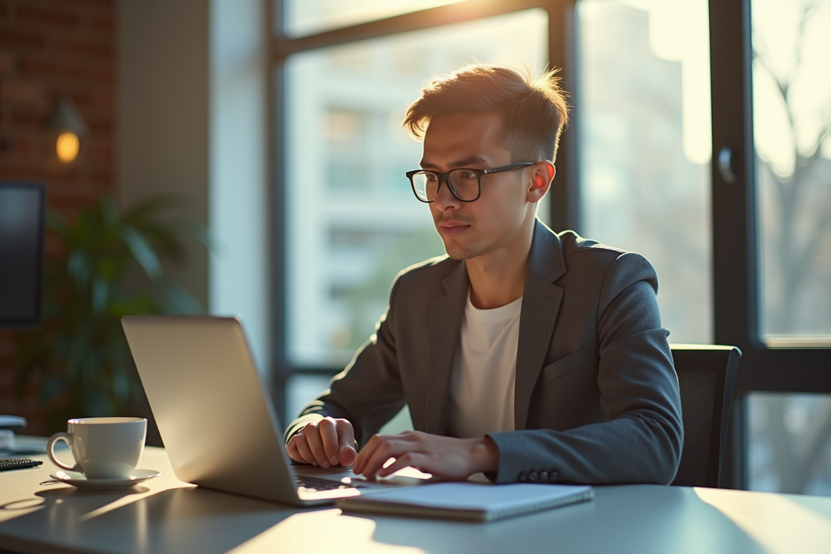 Jeune professionnel travaillant sur un ordinateur dans un bureau lumineux