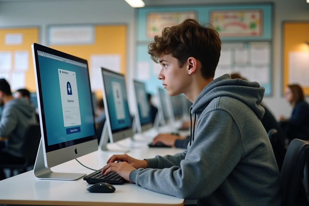 Jeune lyc&eacute;en en classe avec ordinateur et notes
