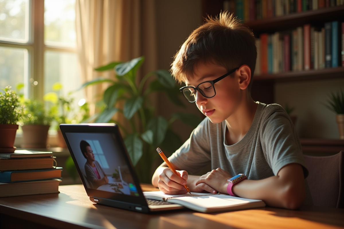 Adolescent concentré sur un ordinateur portable à la maison