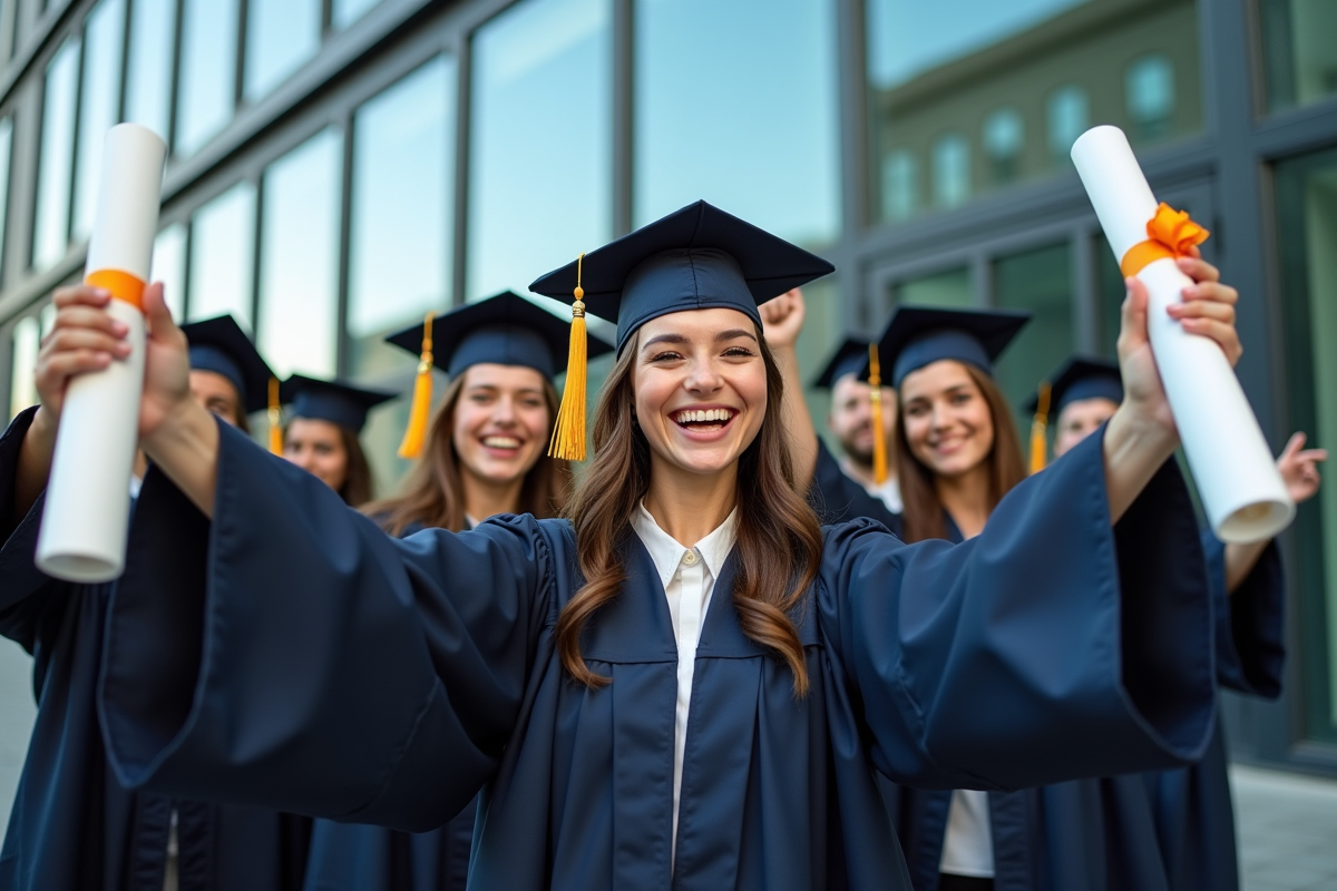 Jeunes diplômés heureux devant un bâtiment moderne