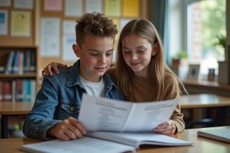 Jeune garçon et fille examinent un catalogue scolaire ensemble