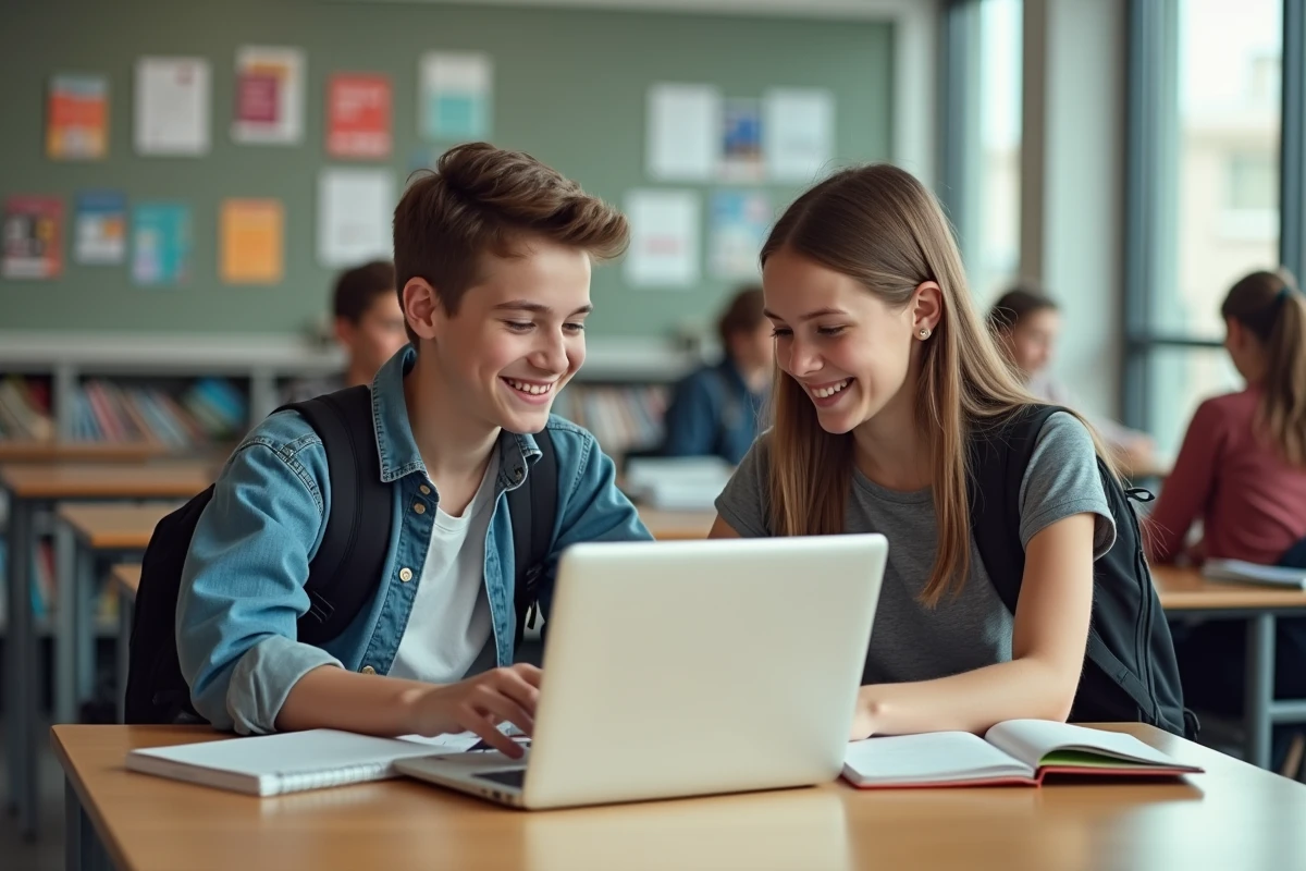 Adolescents en étude en ligne dans un centre scolaire lumineux