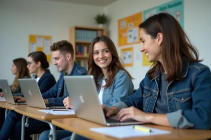 Groupe d'&eacute;tudiants en formation num&eacute;rique en classe moderne