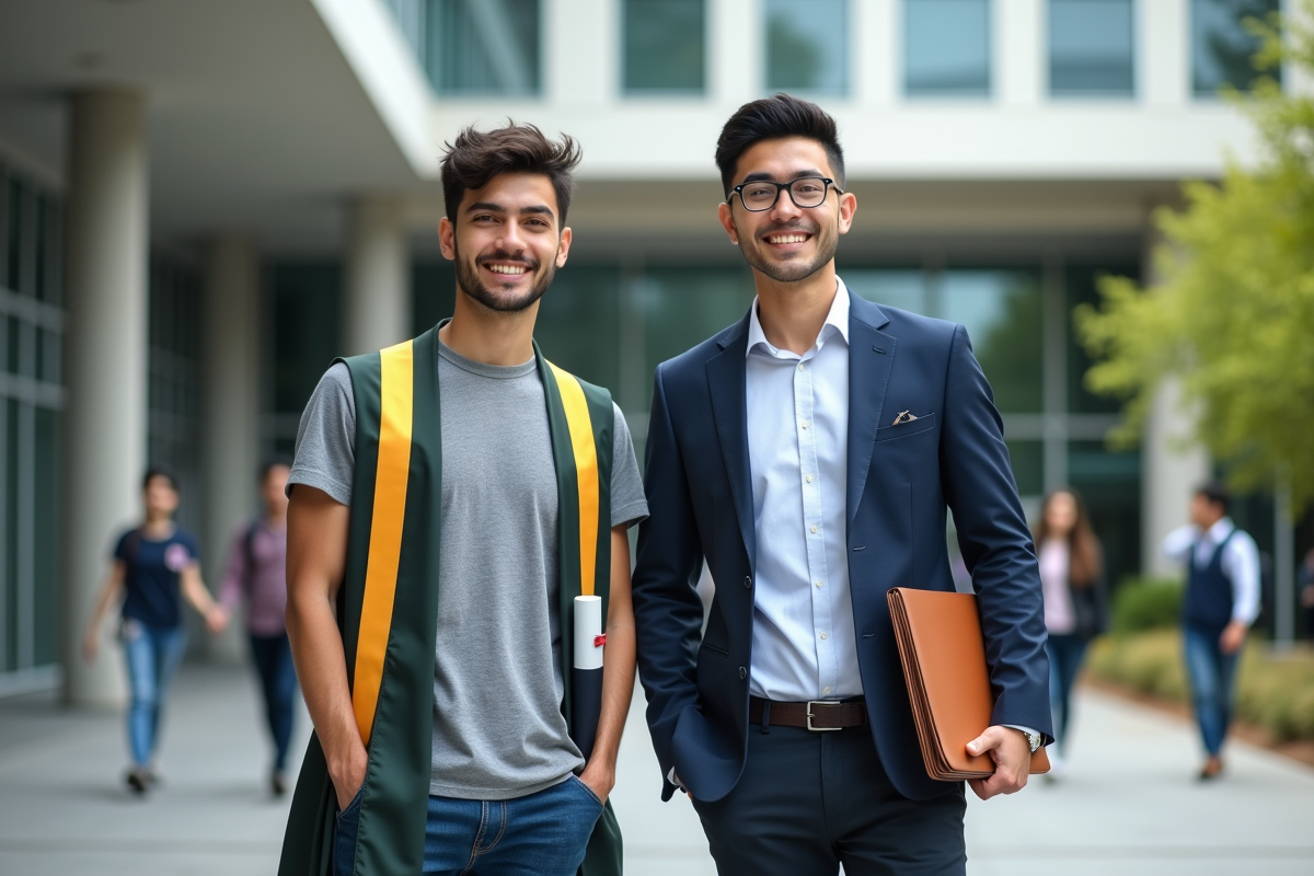 Deux jeunes hommes devant un bâtiment universitaire moderne