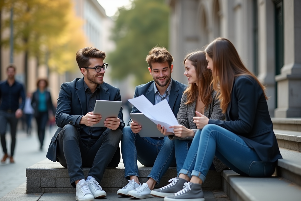 Jeunes adultes travaillant en extérieur dans un centre-ville dynamique