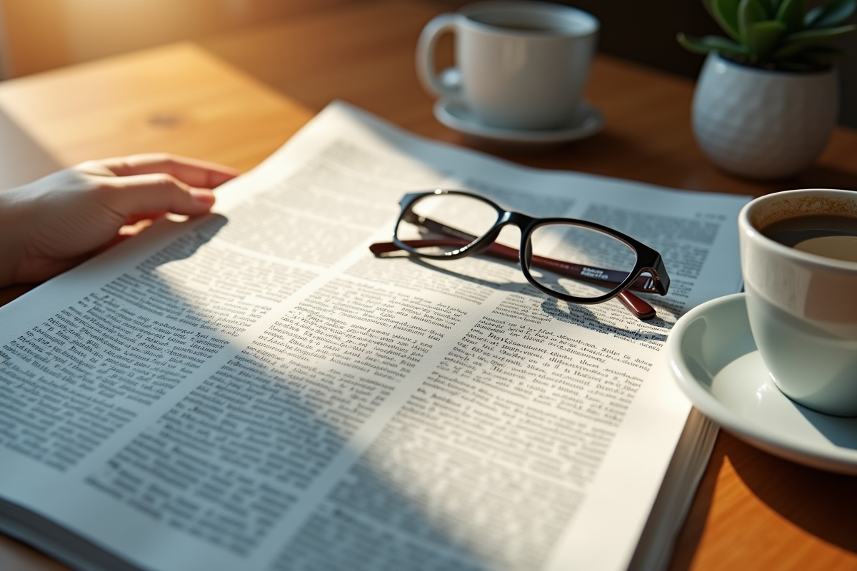 Page de journal avec lunettes et café au matin lumineux