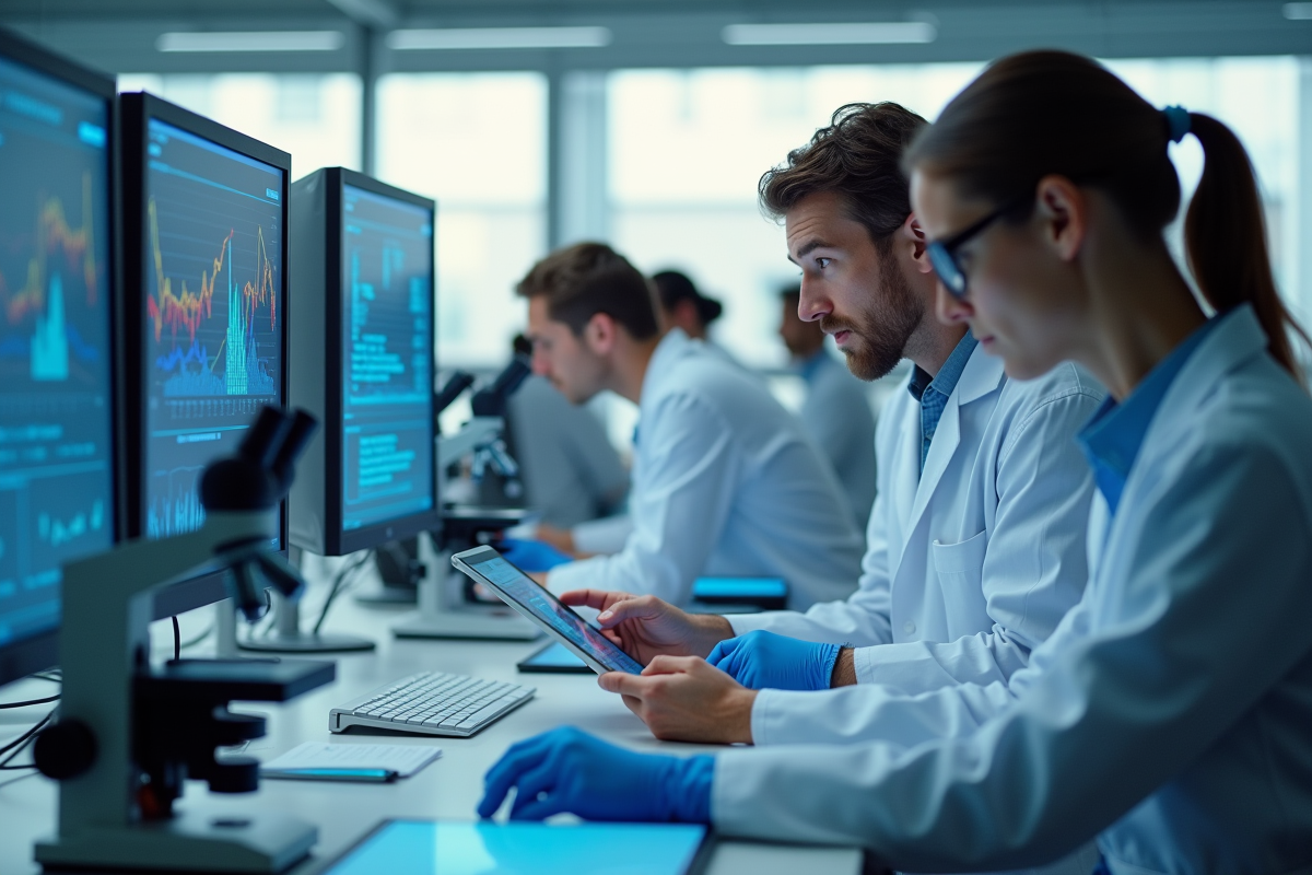 Scène de laboratoire moderne avec scientifiques collaborant