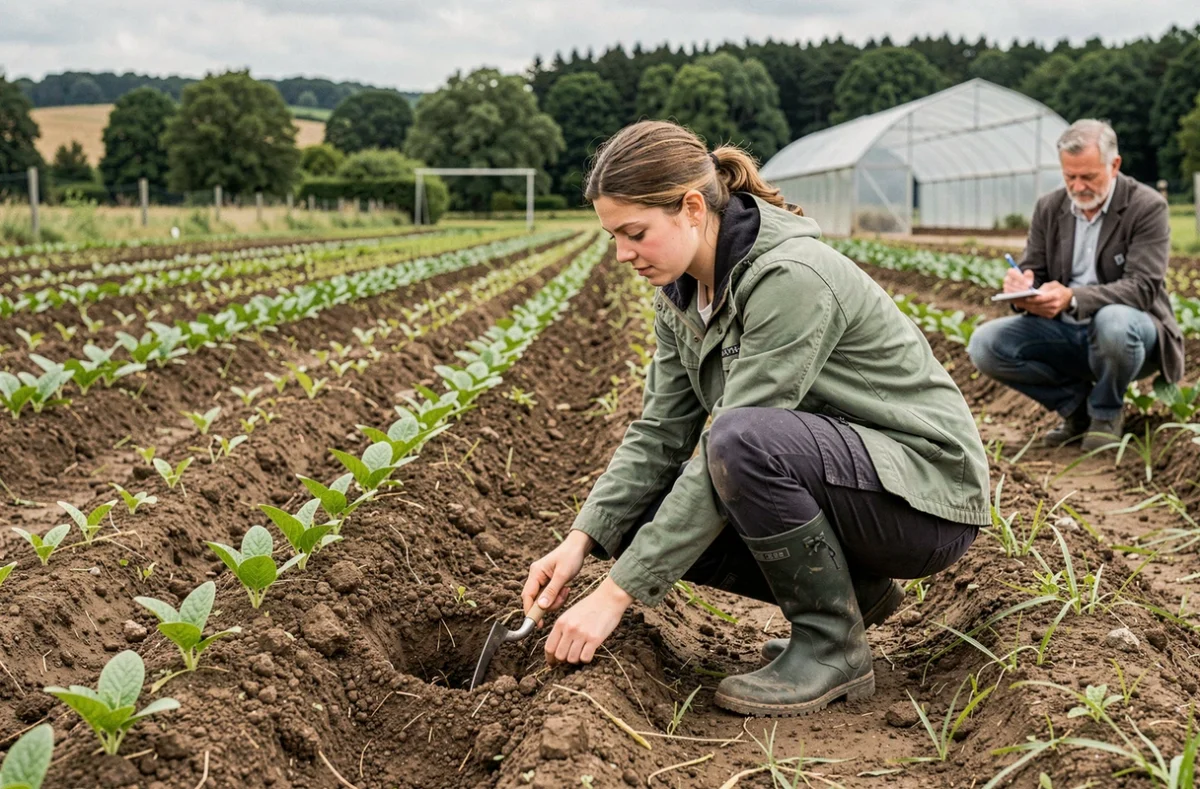 Étudiante en formation agricole et environnementale examinant des cultures au Lycée Agricole Le Chesnoy
