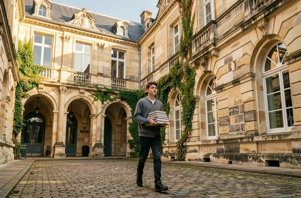 Un lycéen traversant la cour historique du lycée Clemenceau à Nantes