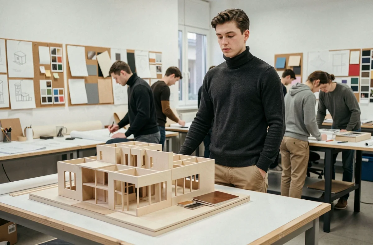 Étudiant en BTS design d'espace présentant une maquette architecturale au Lycée Gaudier-Brzeska