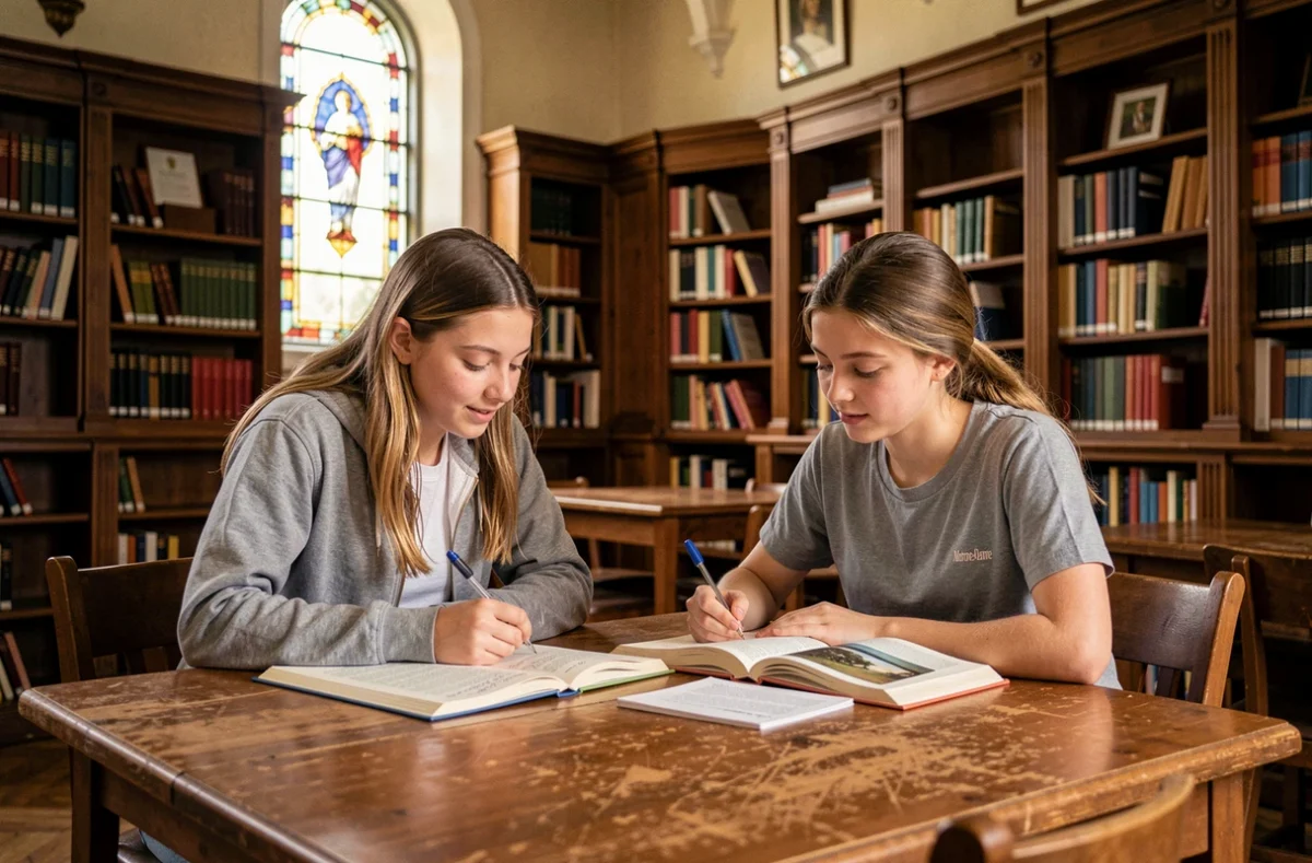 Deux lycéennes révisant ensemble à la bibliothèque du lycée Notre-Dame de Rezé
