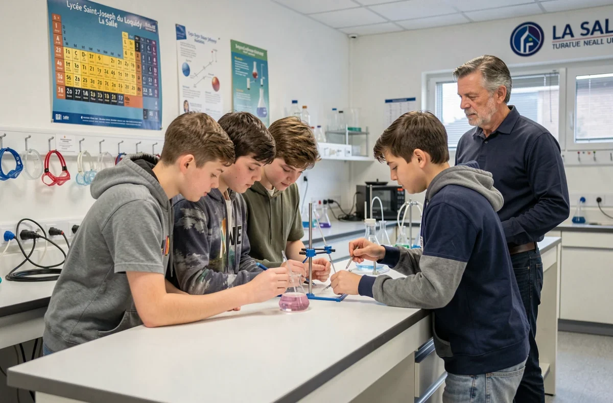 Des lycéens travaillant en groupe en laboratoire au lycée Saint-Joseph du Loquidy La Salle à Nantes