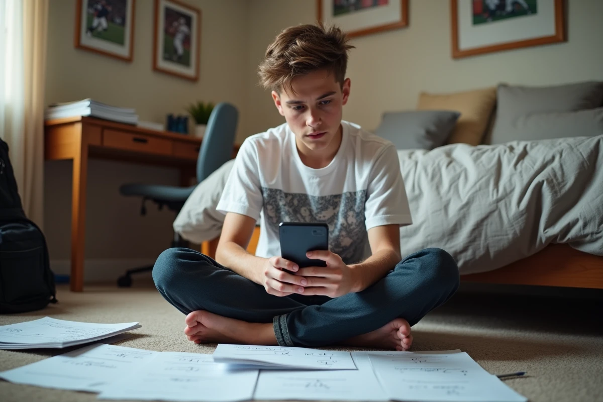 Lycéen assis sur le sol de sa chambre vérifiant ses notes avec coefficient sur une feuille et une calculatrice de smartphone