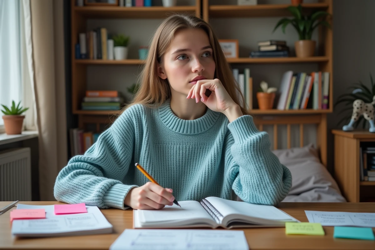 Jeune lycéenne consultant sa fiche de suivi Parcoursup à son bureau avec des notes et un agenda ouvert