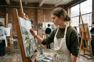Lycéenne concentrée en train de peindre sur une toile dans un atelier d'école des beaux-arts