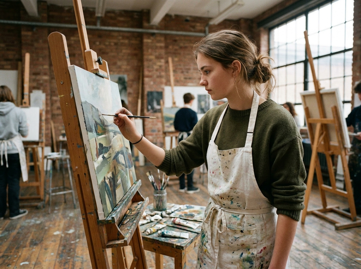 Lycéenne concentrée en train de peindre sur une toile dans un atelier d'école des beaux-arts