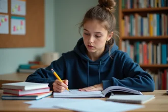 Lycéenne en révision au bureau avec fiches de cours et planning des coefficients du bac S