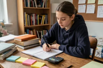 Lycéenne en terminale révisant les mathématiques à son bureau avec cahiers, calculatrice et fiches de révision pour préparer le baccalauréat