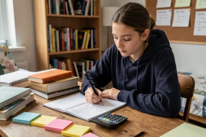 Lycéenne en terminale révisant les mathématiques à son bureau avec cahiers, calculatrice et fiches de révision pour préparer le baccalauréat