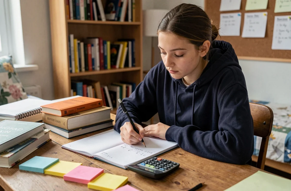 Lycéenne en terminale révisant les mathématiques à son bureau avec cahiers, calculatrice et fiches de révision pour préparer le baccalauréat