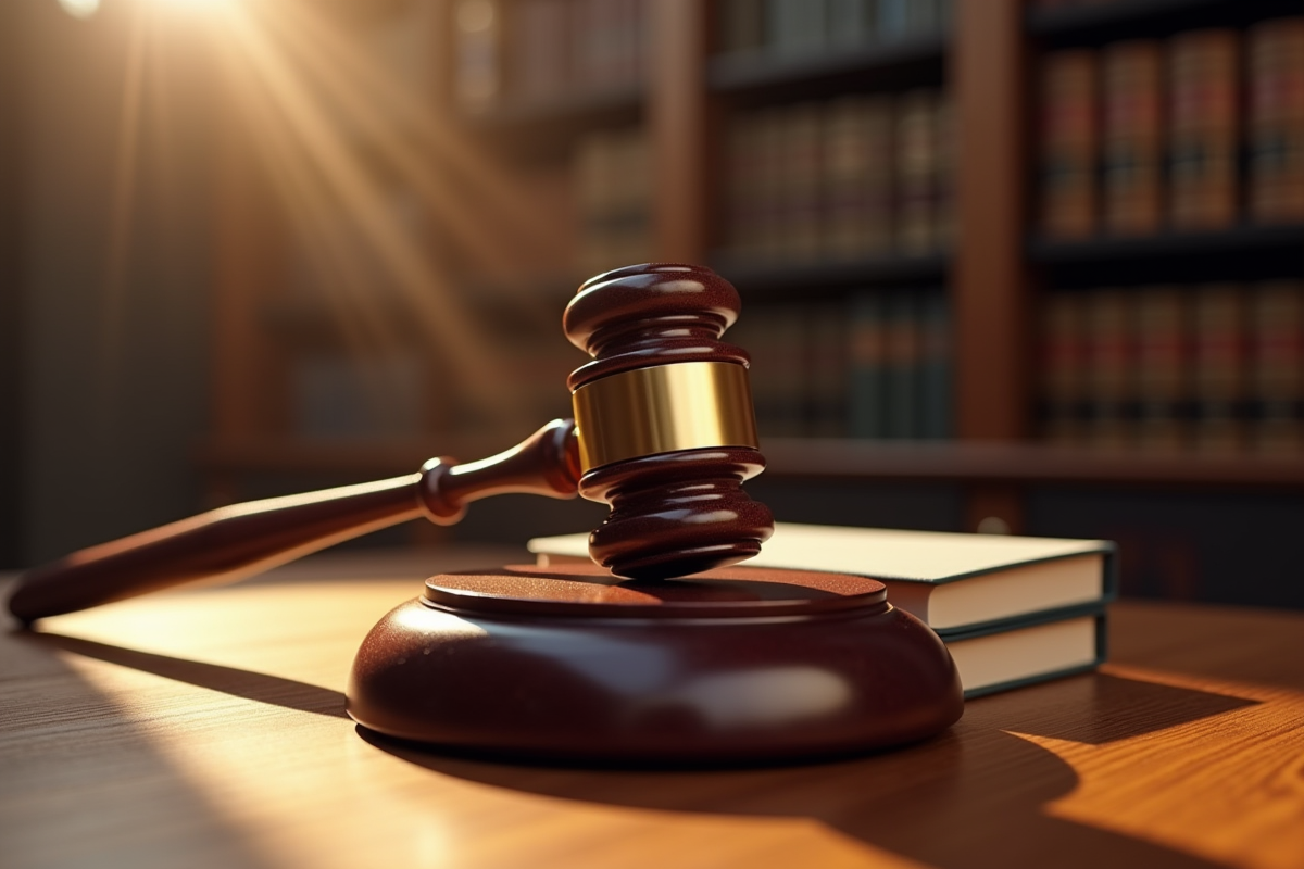 Maillet de juge sur un livre de droit en lumière