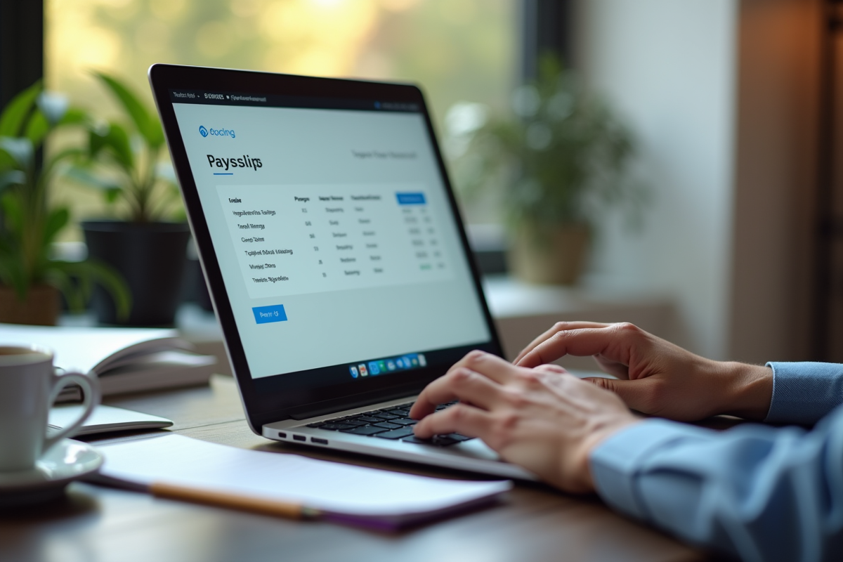 Mains utilisant un ordinateur pour formation en ligne et fiche de paie