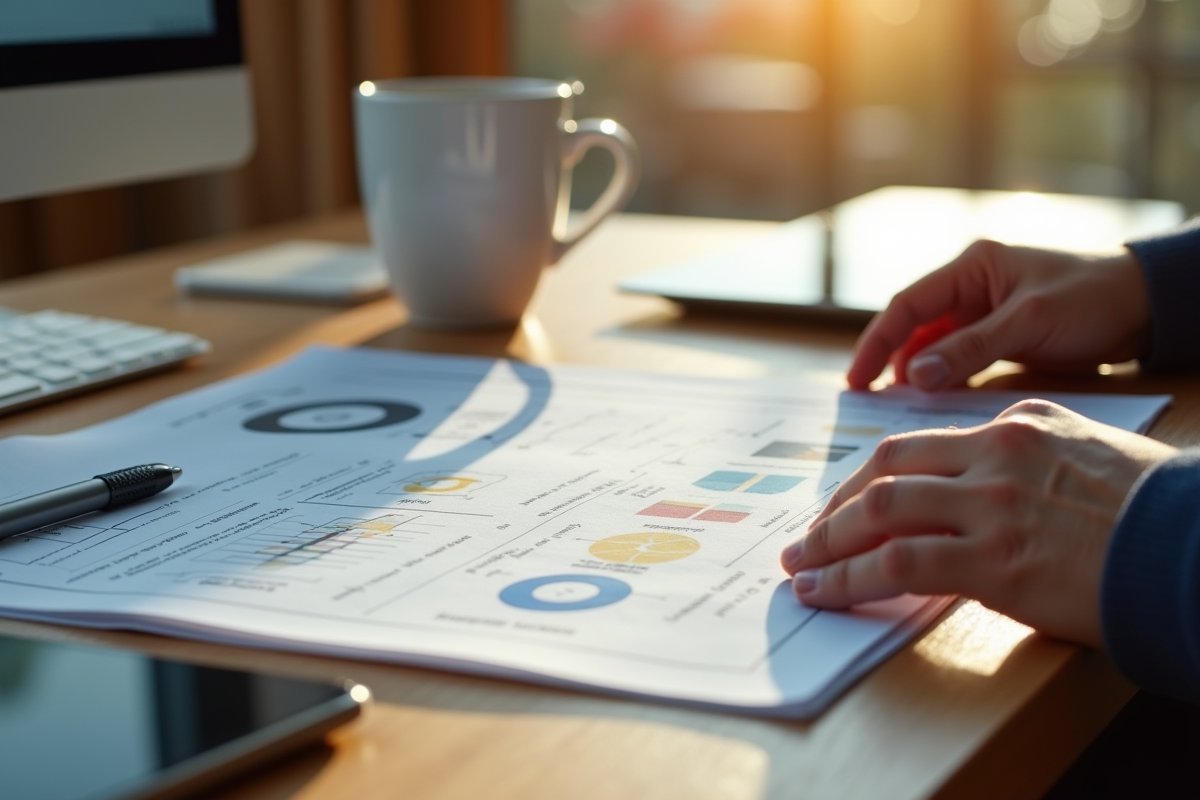 Mains examinant un manuel avec diagrammes colorés sur un bureau lumineux