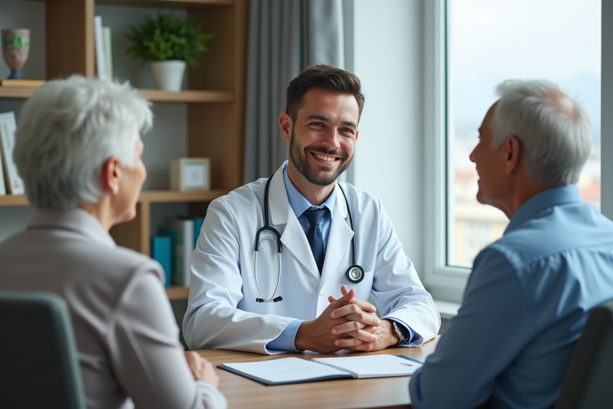 Medecin souriant accueillant un couple age