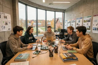 Étudiants en informatique collaborant dans un espace moderne d'une grande école de Bourgogne-Franche-Comté