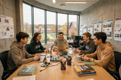 Étudiants en informatique collaborant dans un espace moderne d'une grande école de Bourgogne-Franche-Comté