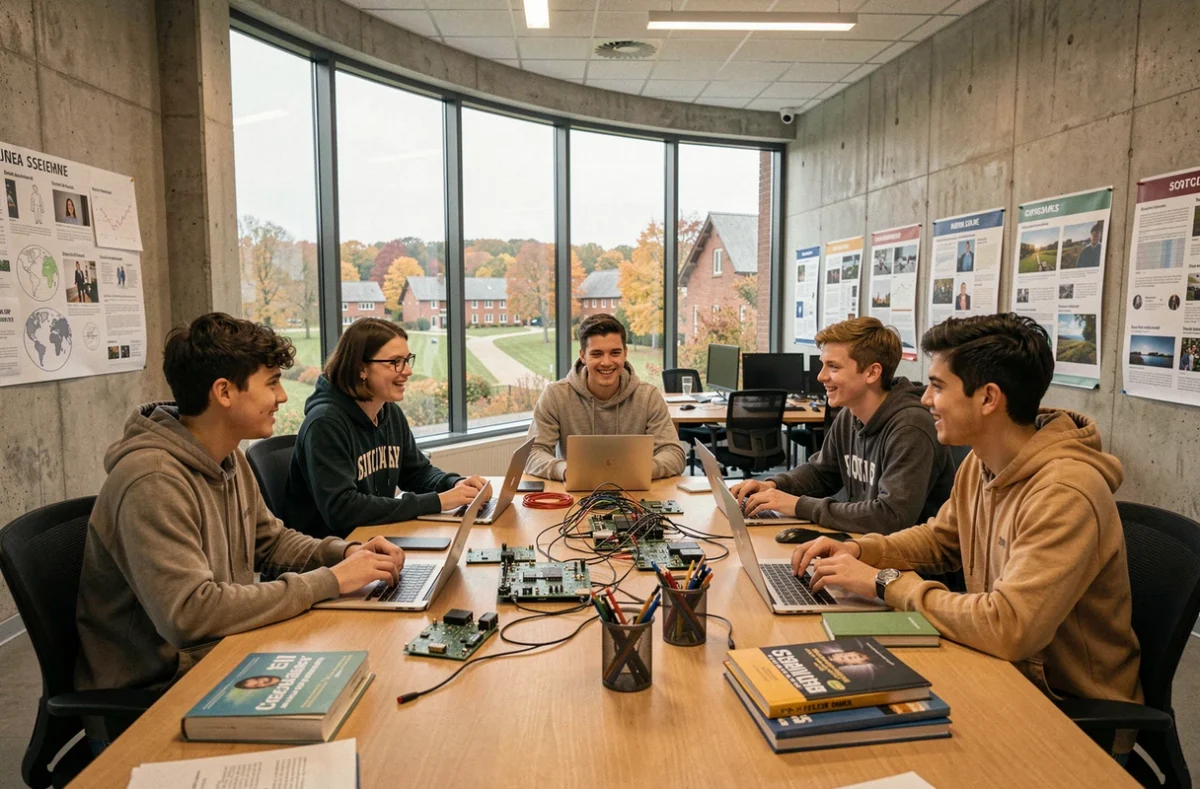 Étudiants en informatique collaborant dans un espace moderne d'une grande école de Bourgogne-Franche-Comté