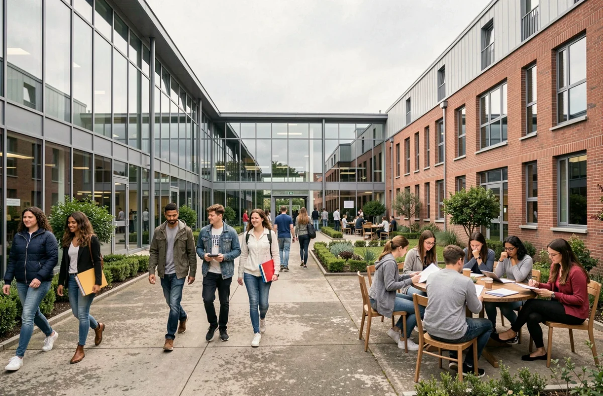Vue d'ensemble d'un campus de formation professionnelle dans le Loiret avec des étudiants de divers horizons