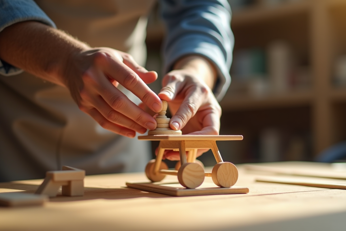 Mains guidant l assemblage d un modele en bois dans un atelier lumineux